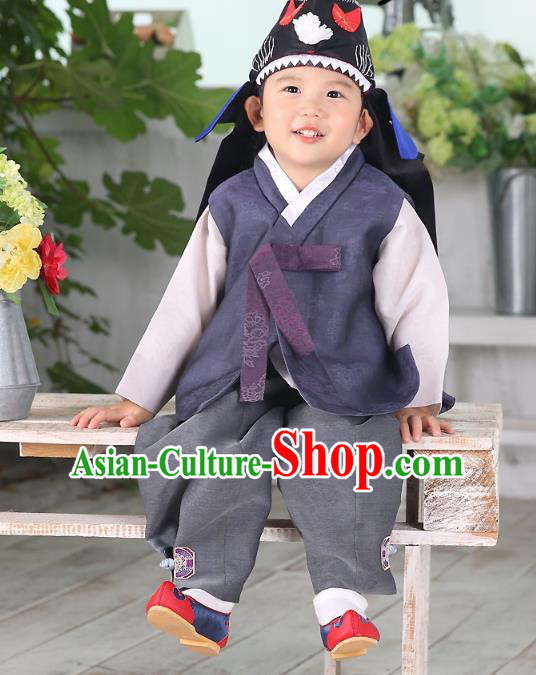 Asian Korean National Traditional Handmade Formal Occasions Boys Embroidery Light Purple Hanbok Costume Complete Set for Kids