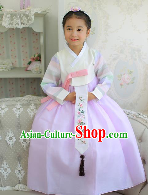 Korean National Handmade Formal Occasions Embroidered White Blouse and Purple Dress Hanbok Costume for Kids