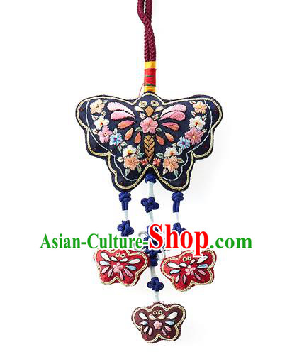 Asian Korean Hanbok Embroidered Butterfly Navy Waist Decorations, Korean National Belts Accessories Wedding Bride Waist Pendant for Women