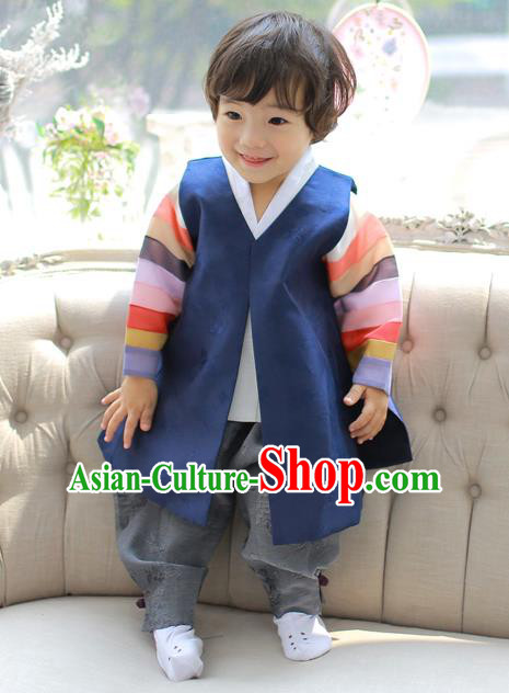 Asian Korean National Handmade Formal Occasions Embroidered Palace Prince Navy Hanbok Costume Complete Set for Boys