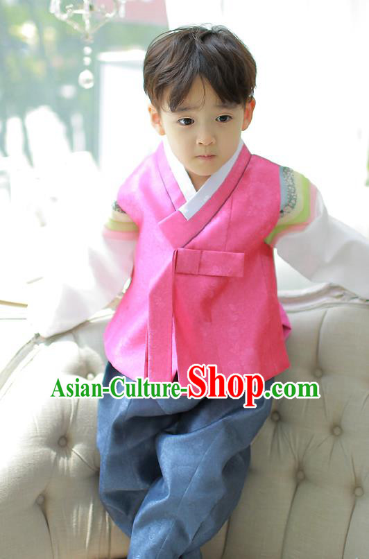 Asian Korean National Handmade Formal Occasions Embroidered Palace Prince Rosy Hanbok Costume Complete Set for Boys