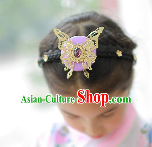 Korean National Hair Accessories Butterfly Purple Hair Clasp, Asian Korean Hanbok Fashion Headwear Headband for Kids