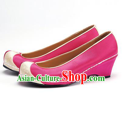 Traditional Korean National Wedding Embroidered Shoes, Asian Korean Hanbok Bride Embroidery Rosy Satin Shoes for Women