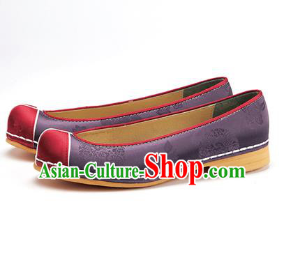 Traditional Korean National Wedding Shoes Purple Embroidered Shoes, Asian Korean Hanbok Flat Shoes for Women