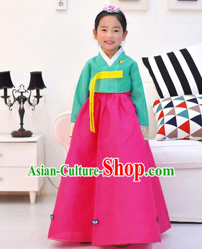 Asian Korean National Handmade Formal Occasions Wedding Embroidered Green Blouse and Pink Dress Traditional Palace Hanbok Costume for Kids