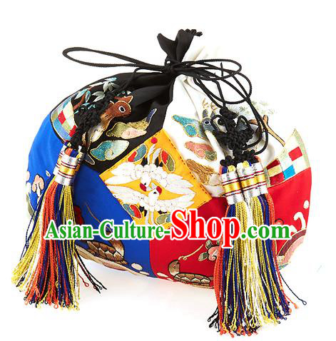 Traditional Korean Accessories Palace Princess Embroidered Blue Purse, Asian Korean Fashion Lucky Bag for Kids
