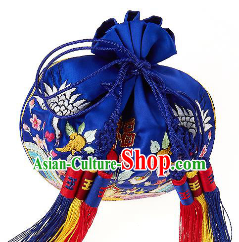 Traditional Korean Accessories Palace Princess Embroidered Blue Tassel Purse, Asian Korean Fashion Lucky Bag for Kids