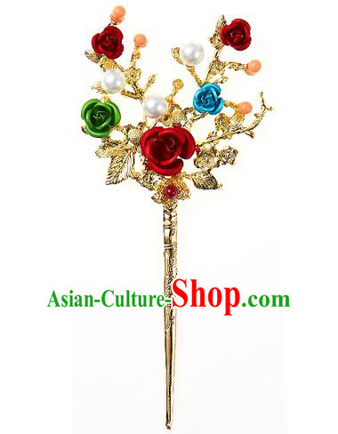 Traditional Korean National Wedding Hair Accessories Bride Palace Cyphers Rose Golden Hairpins, Korean Hanbok Fashion Hair Stick Headwear for Women