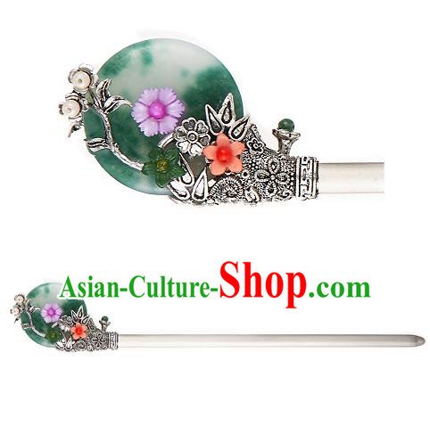 Traditional Korean National Hair Accessories Jade Flowers Hairpins, Korean Palace Hanbok Fashion Headwear for Women