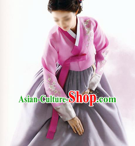 Asian Korean National Traditional Handmade Formal Occasions Bride Embroidered Wedding Pink Hanbok Costume Complete Set