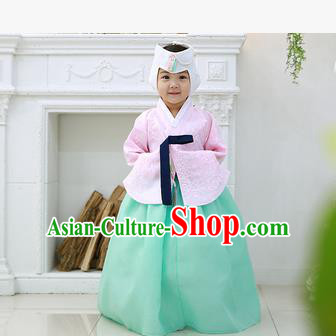 Asian Korean National Handmade Formal Occasions Wedding Clothing Pink Blouse and Green Dress Palace Hanbok Costume for Kids