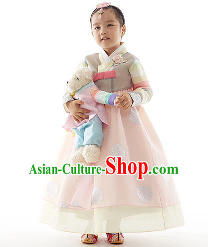 Asian Korean National Handmade Formal Occasions Wedding Clothing Printing Grey Blouse and Pink Dress Palace Hanbok Costume for Kids