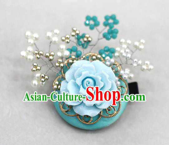 Korean National Hair Accessories Blue Flower Hair Stick, Asian Korean Hanbok Fashion Headwear Headband for Kids