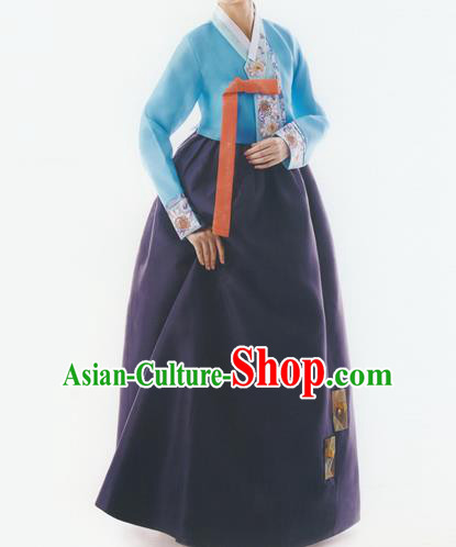 Korean National Handmade Formal Occasions Wedding Bride Clothing Embroidered Blue Blouse and Purple Dress Palace Hanbok Costume for Women