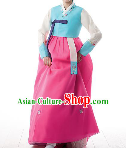 Korean National Handmade Formal Occasions Wedding Bride Clothing Embroidered Blue Blouse and Pink Dress Palace Hanbok Costume for Women