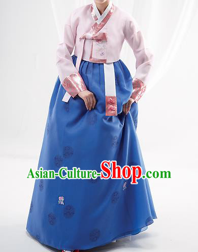 Korean National Handmade Formal Occasions Wedding Bride Clothing Embroidered Pink Blouse and Blue Dress Palace Hanbok Costume for Women