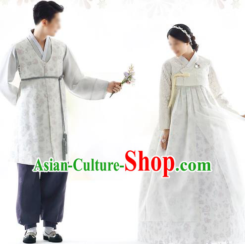 Korean National Handmade Formal Occasions Wedding Bride and Bridegroom Hanbok Embroidered Grey Costume Complete Set
