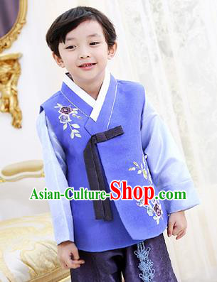 Korean National Handmade Formal Occasions Boys Hanbok Embroidered Blue Costume Complete Set for Kids