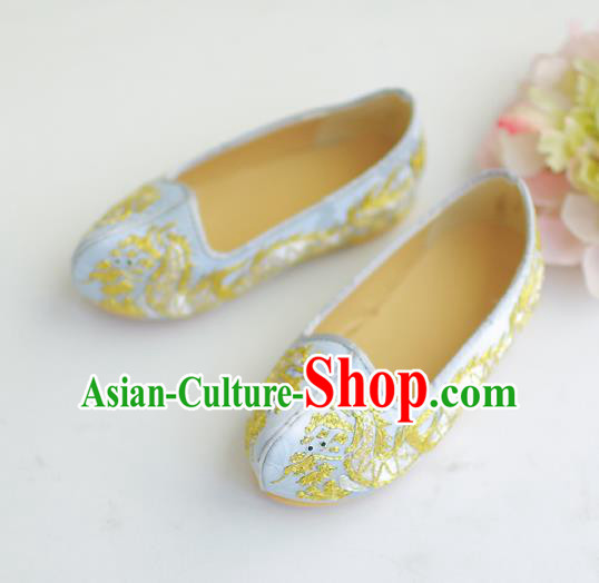 Traditional Korean National Wedding Shoes Light Blue Embroidered Shoes, Asian Korean Hanbok Flat Shoes for Kids
