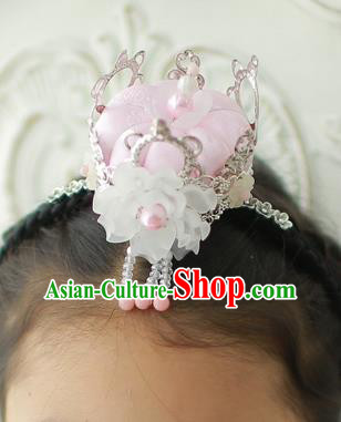 Korean National Hair Accessories Pink Crown Hair Clasp, Asian Korean Hanbok Fashion Bride Headwear for Kids