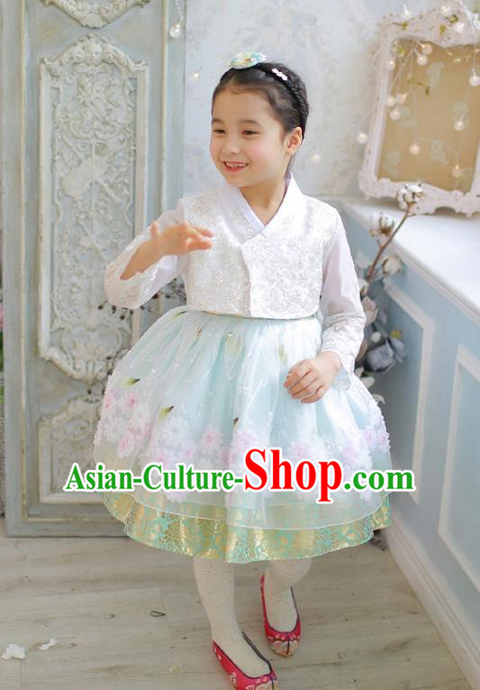 Asian Korean National Handmade Formal Occasions Wedding Girls Clothing Embroidered White Lace Blouse and Blue Dress Palace Hanbok Costume for Kids