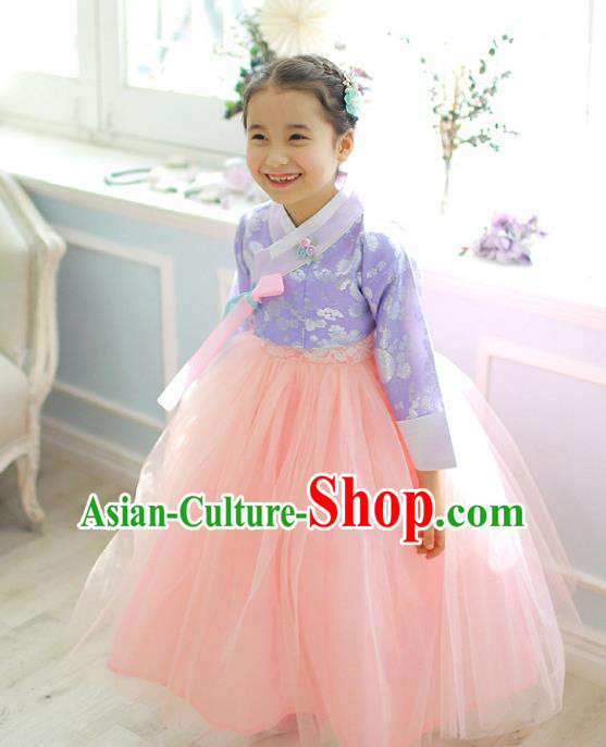 Asian Korean National Handmade Formal Occasions Wedding Girls Clothing Embroidered Purple Blouse and Pink Veil Dress Palace Hanbok Costume for Kids