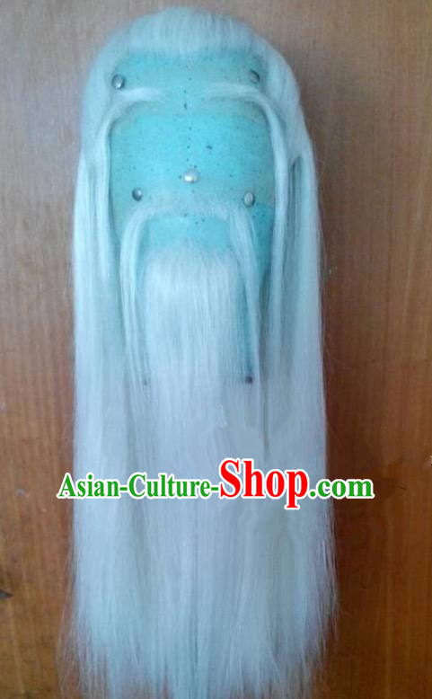 Chinese Ancient Opera Old Men Wig Beard Eyebrows Complete Set, Traditional Chinese Beijing Opera Taoist Priest White Wig Sheath for Men