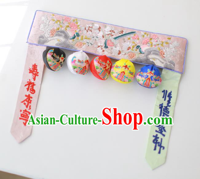 Traditional Korean Accessories Embroidered Birds Flowers Pink Waist Belts, Asian Korean Fashion Waistband Decorations for Kids