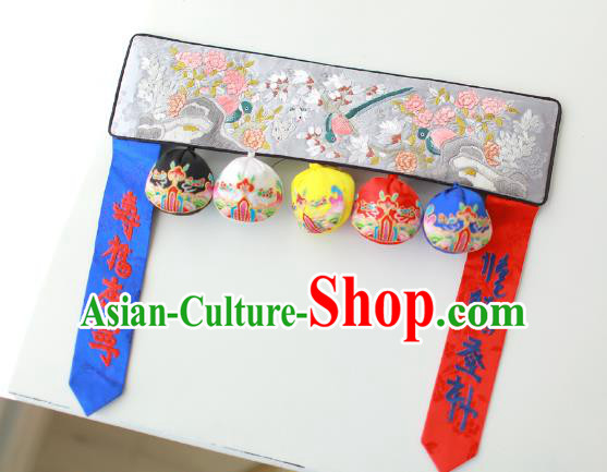Traditional Korean Accessories Embroidered Birds Flowers Grey Waist Belts, Asian Korean Fashion Waistband Decorations for Kids