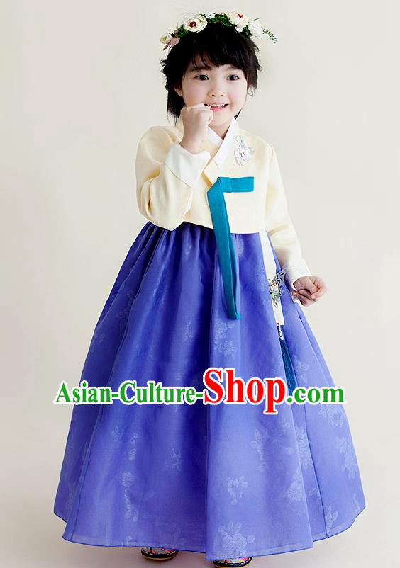 Korean National Handmade Formal Occasions Girls Clothing Palace Hanbok Costume Embroidered Yellow Blouse and Blue Dress for Kids