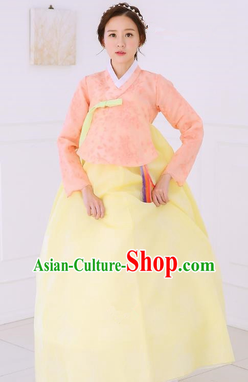 Top Grade Korean National Handmade Wedding Clothing Palace Bride Hanbok Costume Embroidered Orange Blouse and Yellow Dress for Women