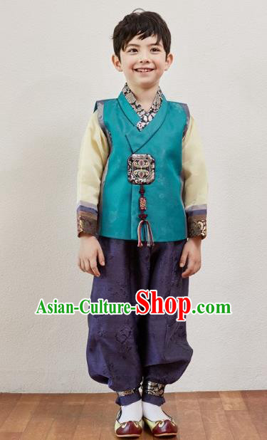 Asian Korean National Traditional Handmade Formal Occasions Boys Embroidery Peacock Blue Vest Hanbok Costume Complete Set for Kids