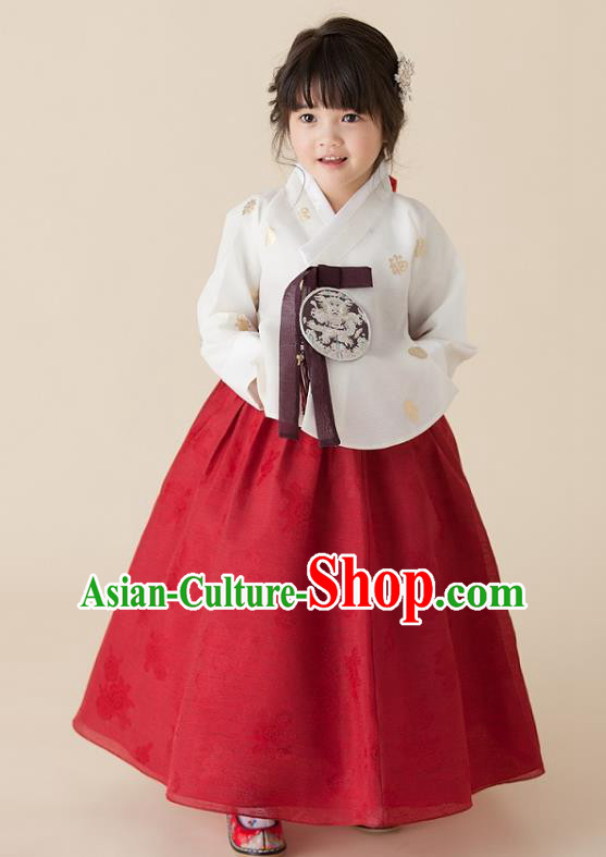 Korean National Handmade Formal Occasions Girls Clothing Palace Hanbok Costume Embroidered White Blouse and Red Dress for Kids