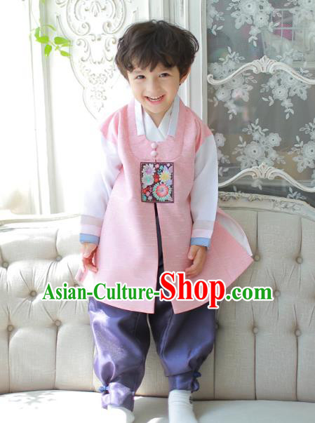 Asian Korean National Traditional Handmade Formal Occasions Boys Embroidered Pink Vest Hanbok Costume Complete Set for Kids