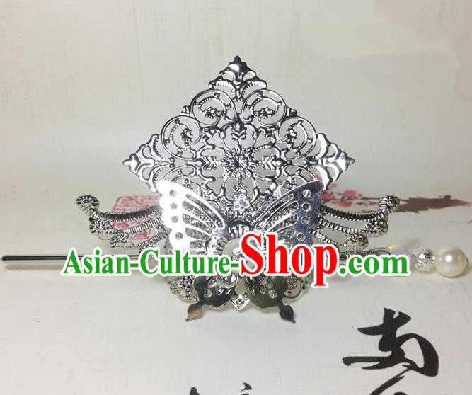 Traditional Handmade Chinese Classical Hair Accessories, Ancient Royal Highness White Butterfly Tuinga Hairdo Crown for Men
