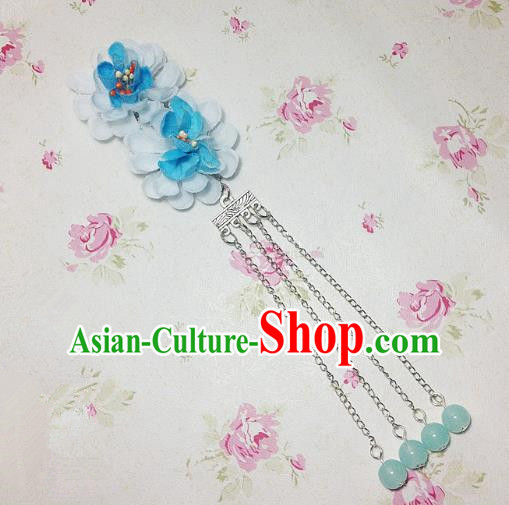 Traditional Chinese Ancient Classical Hair Accessories Hanfu Blue Flowers Tassel Step Shake Bride Hairpins for Women