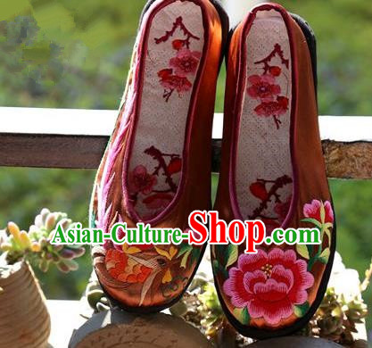 Asian Chinese Traditional Shoes Wedding Bride Brown Embroidered Shoes, China Handmade Embroidery Hanfu Shoes for Women