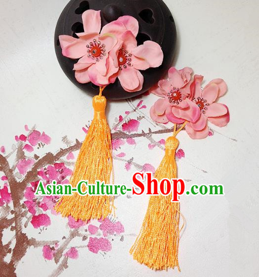 Traditional Chinese Ancient Classical Hair Accessories Hanfu Flowers Yellow Tassel Hair Stick Bride Hairpins for Women