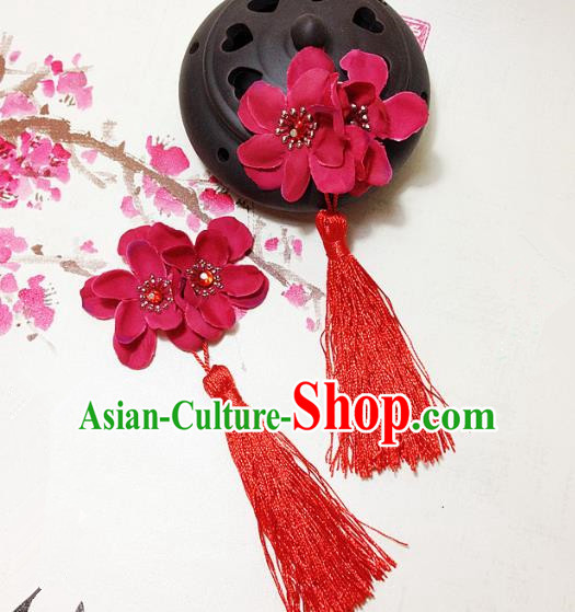 Traditional Chinese Ancient Classical Hair Accessories Hanfu Red Flowers Tassel Hair Stick Bride Hairpins for Women