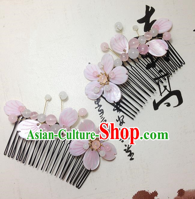 Traditional Chinese Ancient Classical Hair Accessories Hanfu Pink Shell Flower Hair Comb Bride Hairpins for Women