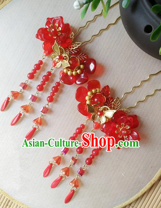 Traditional Chinese Ancient Classical Hair Accessories Hanfu Red Tassel Hair Clip Bride Hairpins for Women