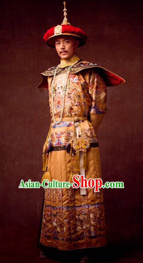 Traditional Ancient Chinese Qing Dynasty Manchu Imperial Emperor Embroidered Dragon Robe Costume and Headpiece Complete Set