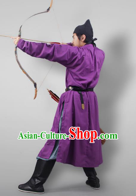 Asian China Tang Dynasty Swordsman Costume Purple Robe, Traditional Ancient Chinese Imperial Bodyguard Clothing for Men
