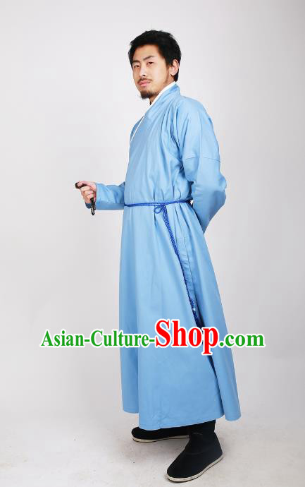 Asian China Ming Dynasty Swordsman Costume Blue Robe, Traditional Ancient Chinese Imperial Bodyguard Clothing for Men