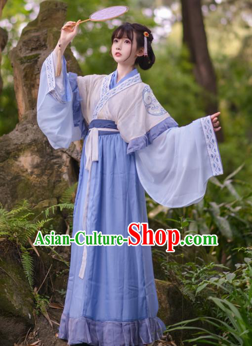 Asian China Jin Dynasty Young Lady Costume, Traditional Ancient Chinese Princess Hanfu Embroidered Clothing for Women