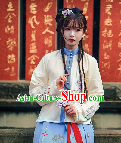 Asian China Ming Dynasty Young Lady Costume Embroidered Blouse, Traditional Ancient Chinese Princess Hanfu Shirts Clothing for Women