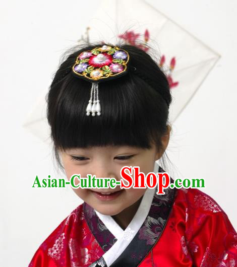 Traditional Korean Hair Accessories, Asian Korean Fashion Headwear Embroidered Hair Clasp for Kids