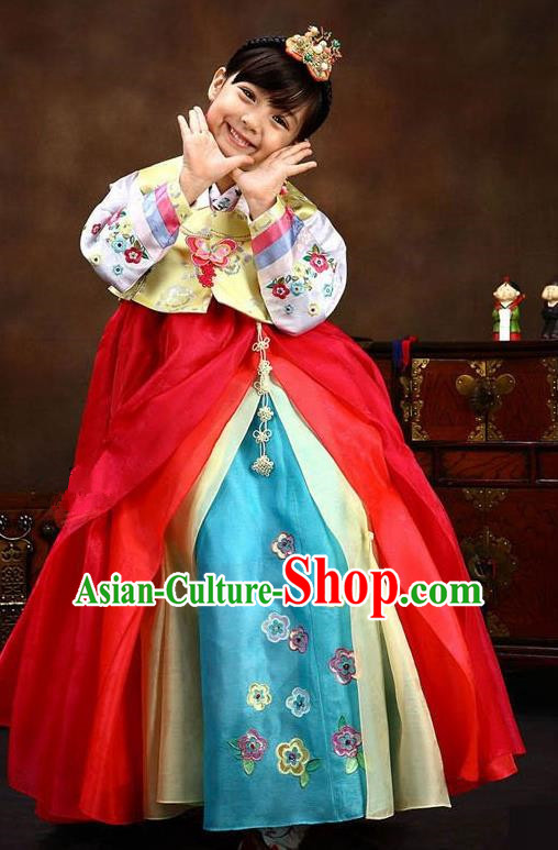Traditional Korean Handmade Hanbok Embroidered Bride Clothing, Asian Korean Fashion Apparel Hanbok Embroidery Costume for Kids