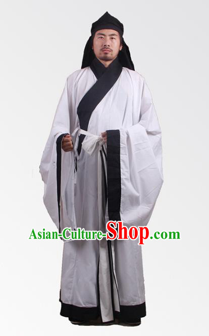 Asian China Song Dynasty Minister Costume White Robe, Traditional Ancient Chinese Chancellor Hanfu Clothing for Men
