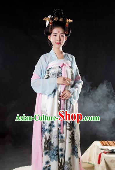 Asian China Tang Dynasty Princess Costume Printing Slip Skirt, Traditional Ancient Chinese Palace Lady Hanfu Clothing for Women